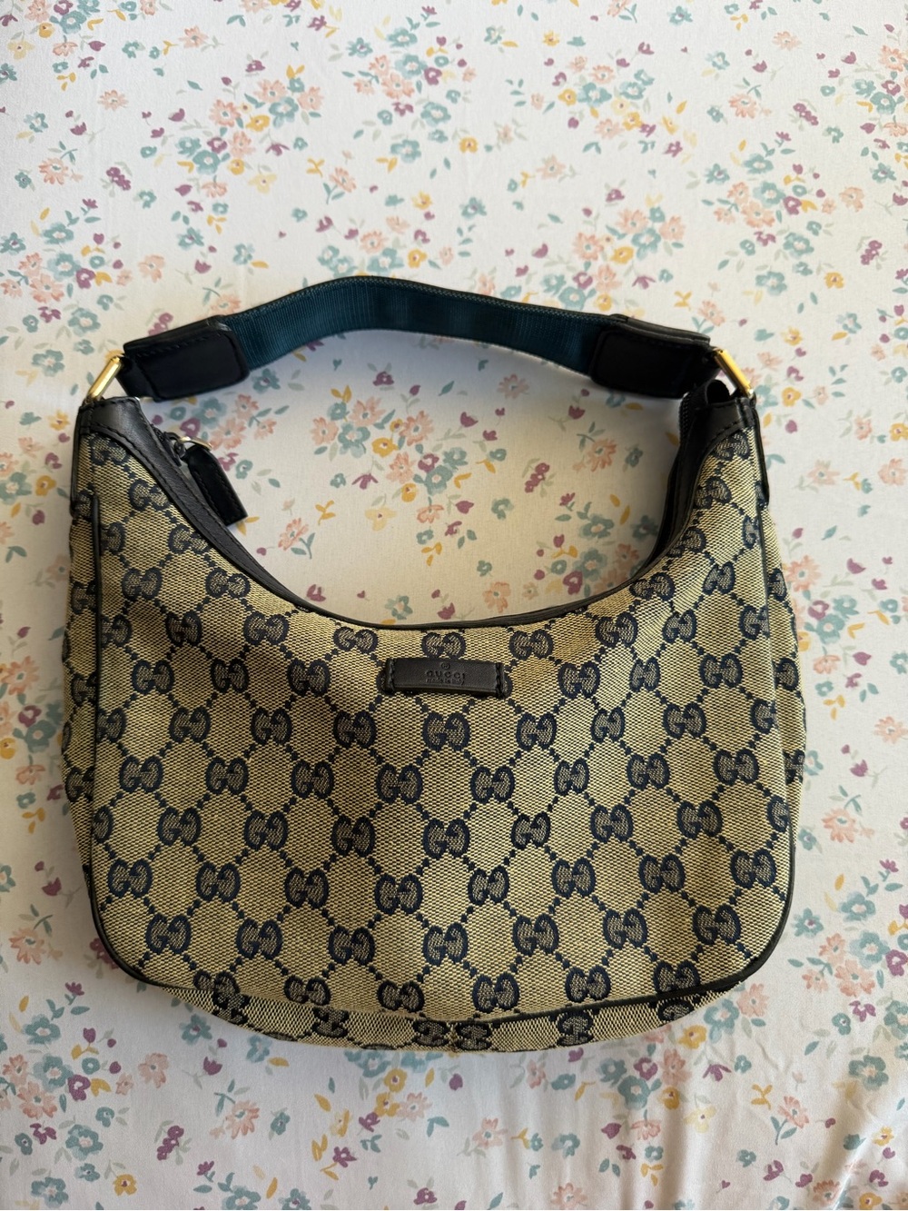 Gucci Tan GG Canvas Shoulder Hobo with Black Trim